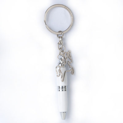 Mini penna smaltata bianca porta chiavi con cunicorno
