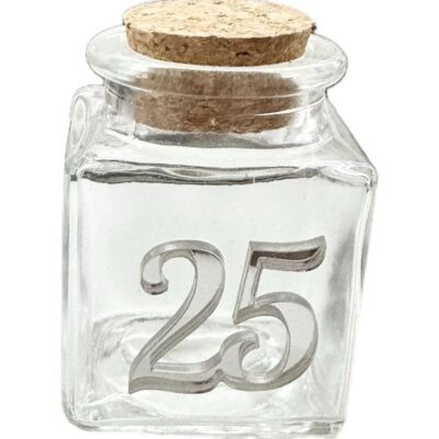 Boccetta vetro con 25 in plexi argento