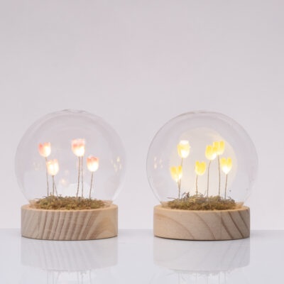 Bolla di vetro con fiori led base in legno
