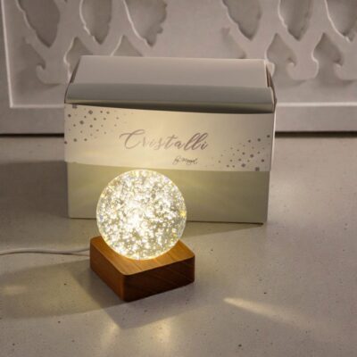 Sfera vetro con bolle luce led base in legno