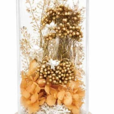 Campana vetro base legno fiori e luci