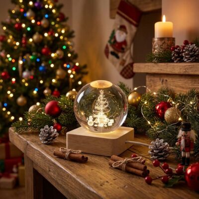 Sfera decorativa in vetro con albero in 3D