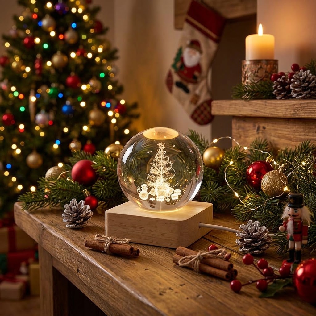 Sfera decorativa in vetro con albero in 3D